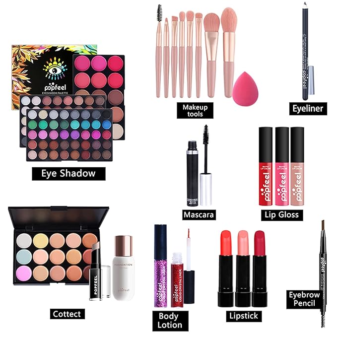 All-in-One Makeup Gift Set Travel Makeup Kit Complete Starter Makeup Bundle Lipgloss Lipstick Concealer Blushes Powder Eyeshadow Palette Cosmetic Palette for Teen Girls & Adults #18