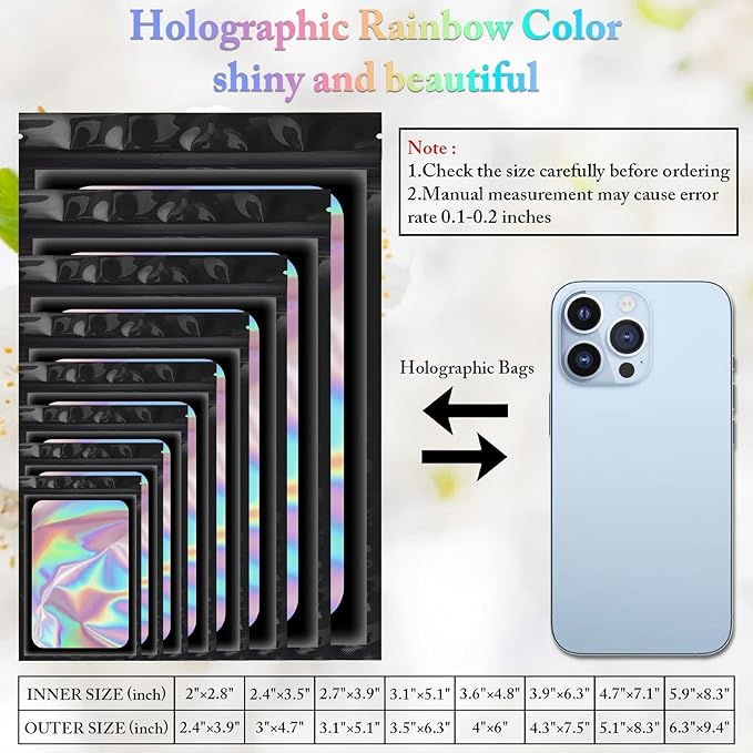 100 Pieces Smell Proof Mylar Bags, Holographic Packaging Bags, Resealable Odor Foil Pouch Zipper Bag with Clear Window for Food Storage and Lipgloss, Jewelry Lash (Black, 4 x 6 Inch)