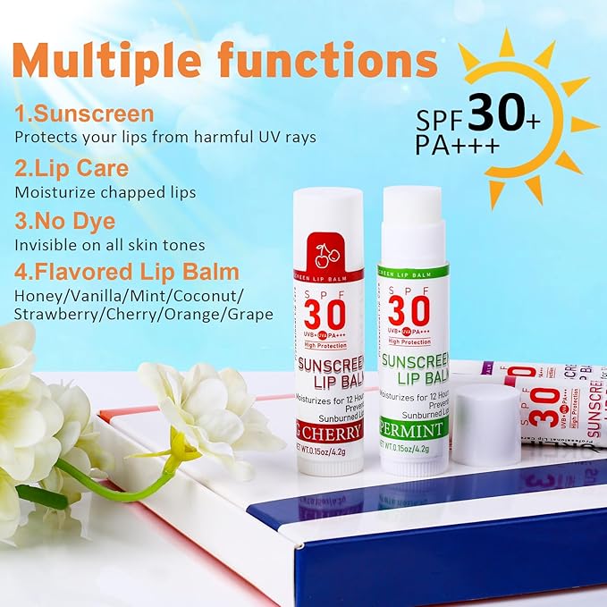 SPF 30 Lip Balm with Sunscreen 8 Pack, Bulk Sunscreen Lip Balm Travel Size, Hydrating Lip Balm with Vitamin E and Coconut Oil- 8 Flavors