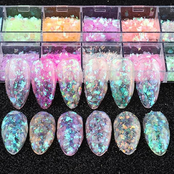 12 Colors Holographic Nail Art Glitter Sequins Iridescent Ice Slag Nail Glitter Laser Nail Art Flakes Colored Fluorescent Glass Paper Nail Sticker Decoration for Face Hand Body Make-Up DIY