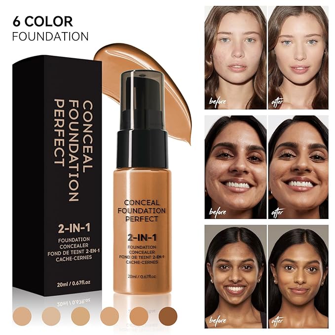 6 Colors Liquid Foundation Long-Lasting,Poreless Liquid Oil Concealer Foundation For All Skin Type,Waterproof & Sweat-Proof,Easy To Push Away,Flawless Finish Foundation,Balanced Skin Color