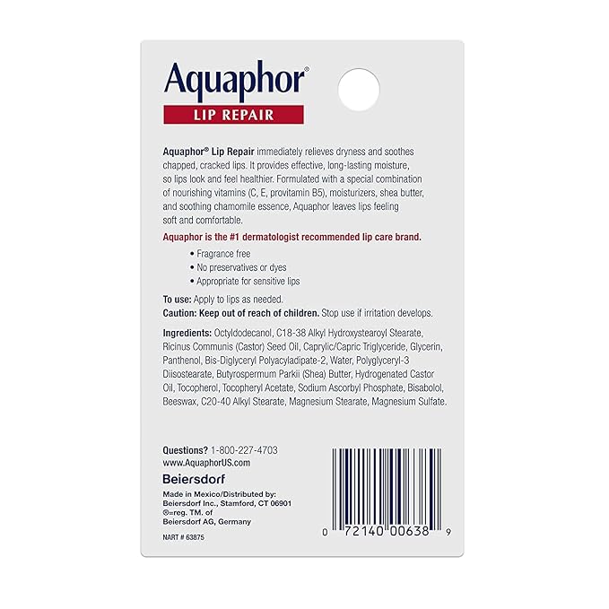 Aquaphor Lip Repair Ointment - Long-lasting Moisture to Soothe Dry Chapped Lips - .35 fl. oz. Tube (Pack of 2)
