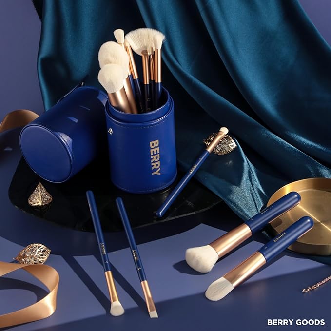 BERRY Blue Premium Makeup Brush Set – 12-Piece Professional Ultra-Soft Synthetic Brushes for Face & Eyes | Foundation, Powder, Blush, Concealer, Eyeshadow – Vegan, Cruelty-Free, Numbered, Travel Case