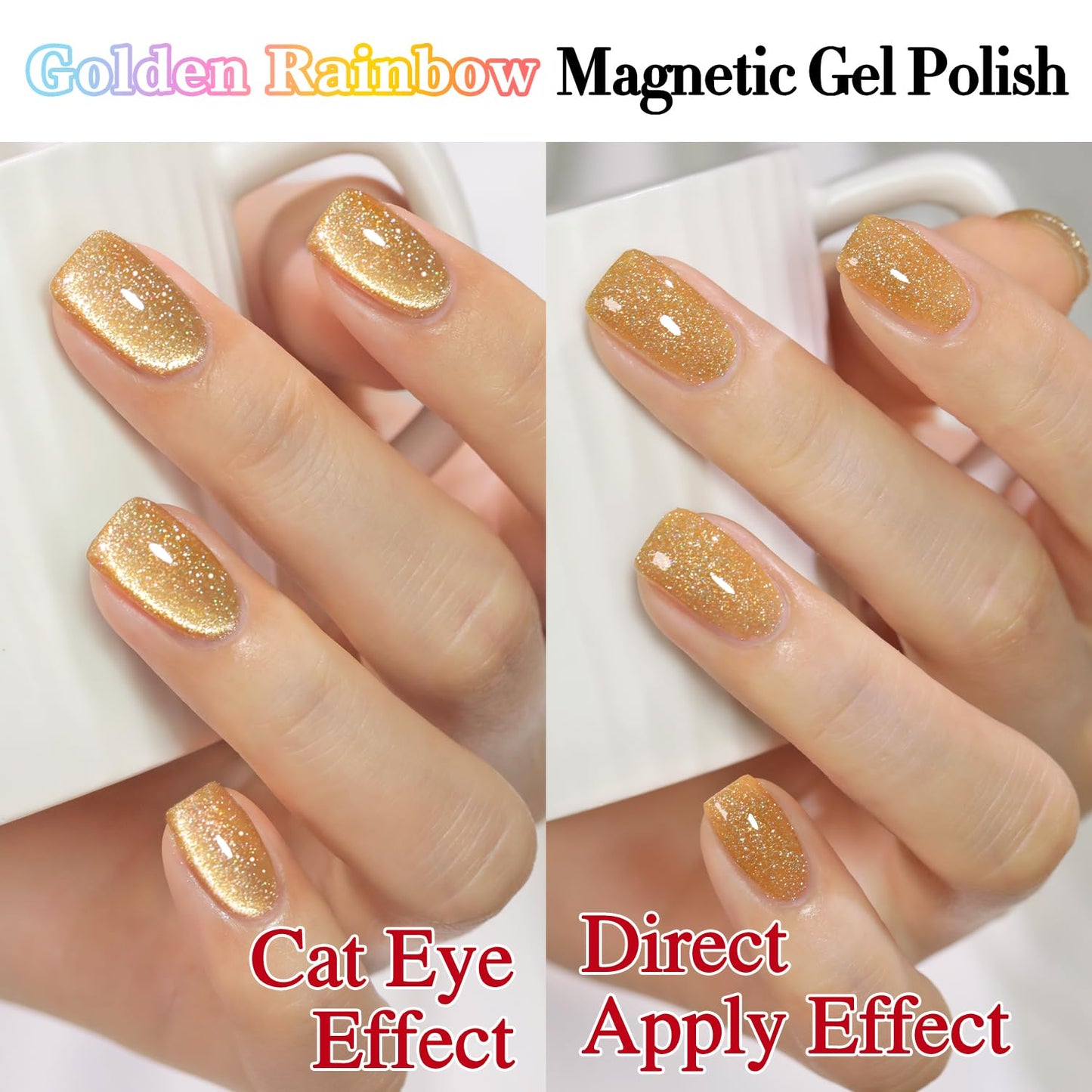 Double Rhythm Cat Eye Gel Polish with Magnet 15ML Holographic Glitter Shimmer Translucent Sheer Color Glass Magnetic Gel Polish Salon DIY at Home (Light Gold-MC1064)