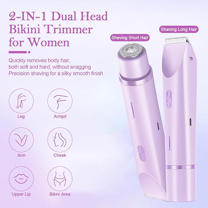 Dermave Bikini Shaver 2.0, 2025 New Glow Aura Bikini Trimmer for Women, 2 in 1 Dual Head Electric Razors for Women, IPX7 Waterproof Wet & Dry Electric Shaver, Portable Body Shaver (Purple)