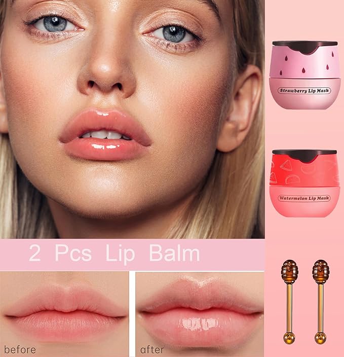 2 PCS Bee Lip Balm Honey Pot, Bee Lip Balm Sleeping Lip Mask Overnight with Sticks, Honey Pot Lip Balm Hydrating Exfoliating Prevention Dry and Crack Lip Scrubs