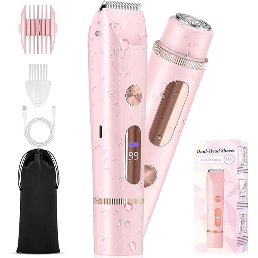2025 Upgraded Bikini Trimmer for Women - 2 in 1 Dermave Bikini Shaver with LED Display, Dual Head Cordless Electric Shaver, IPX7 Waterproof Wet/Dry Body Hair Trimmer for Face, Body & Intimate Areas