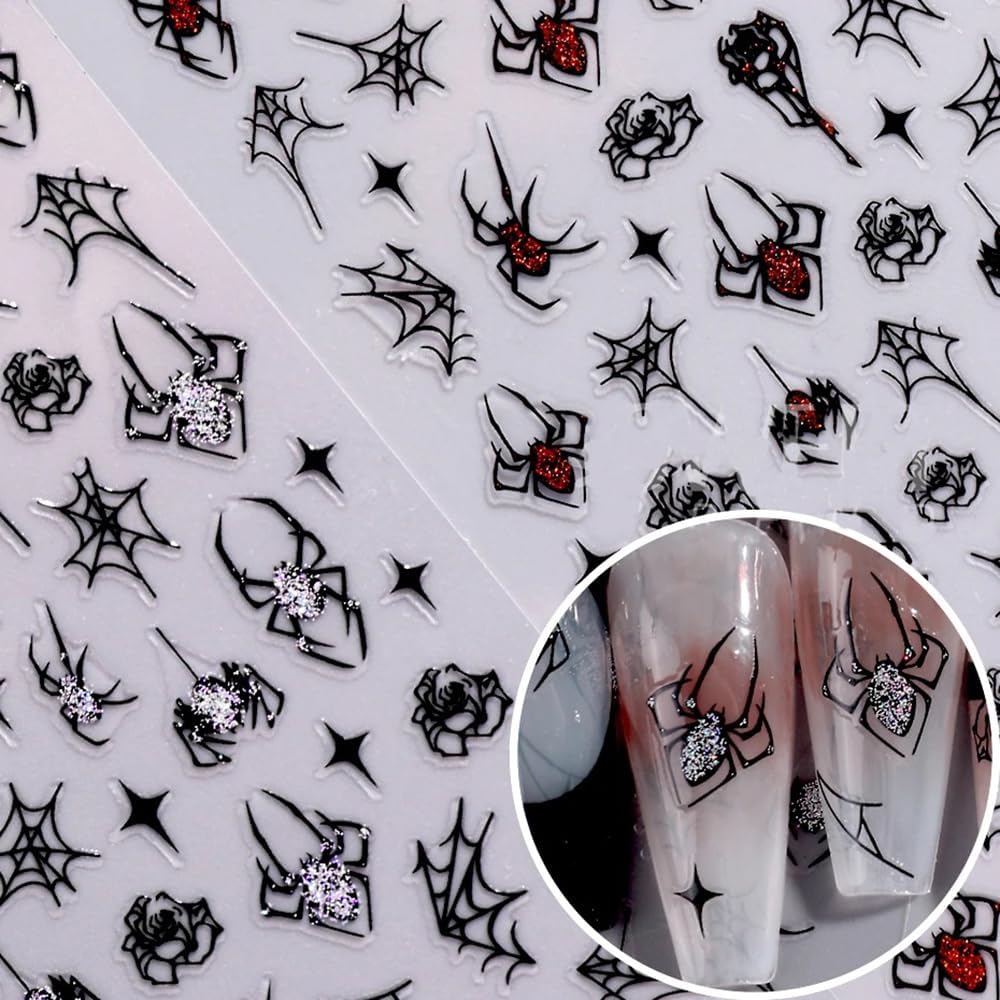 6Sheets Halloween Nail Art Stickers Decals, 3D Spider Nail Sticker Halloween Nail Decoration Self-Adhesive Black Red Silver Glitter Star Spider Web for Nails Stickers DIY Manicure Art Decoration