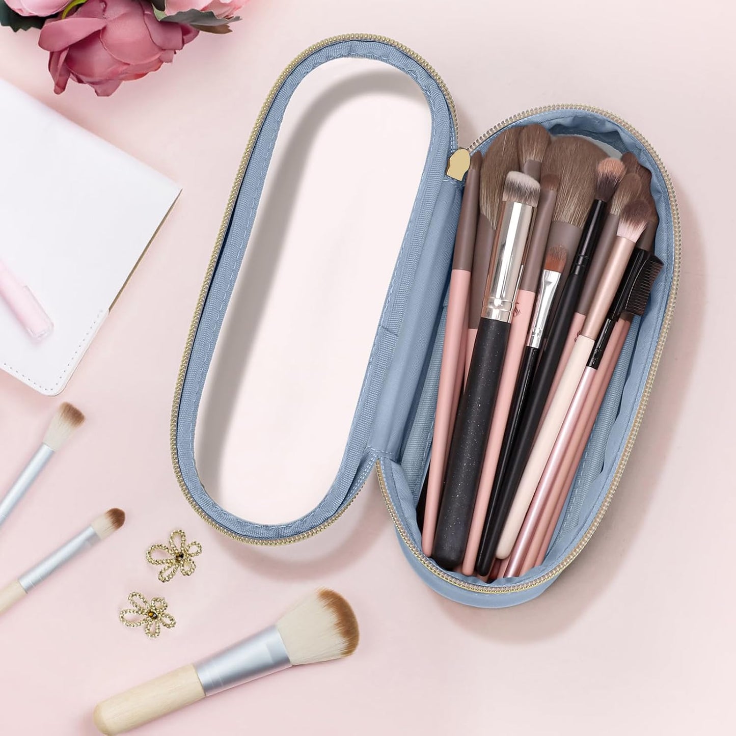 Clear Travel Makeup Brush Holder, Leather Makeup Brush Toiletry Bag, Portable Cosmetic Brush Case, Transparent Waterproof Makeup Brush Storage Bag, Blue