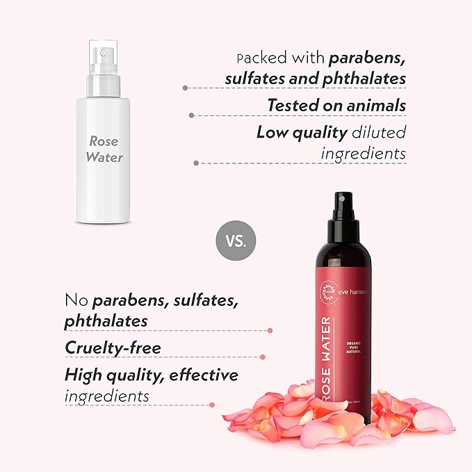 Eve Hansen Organic Rose Water Spray – Pure Rosewater Face & Hair Mist for Hydration & Refreshing Glow | Facial Toner & Makeup Setting Spray | Alcohol-Free & Vegan | 4 oz