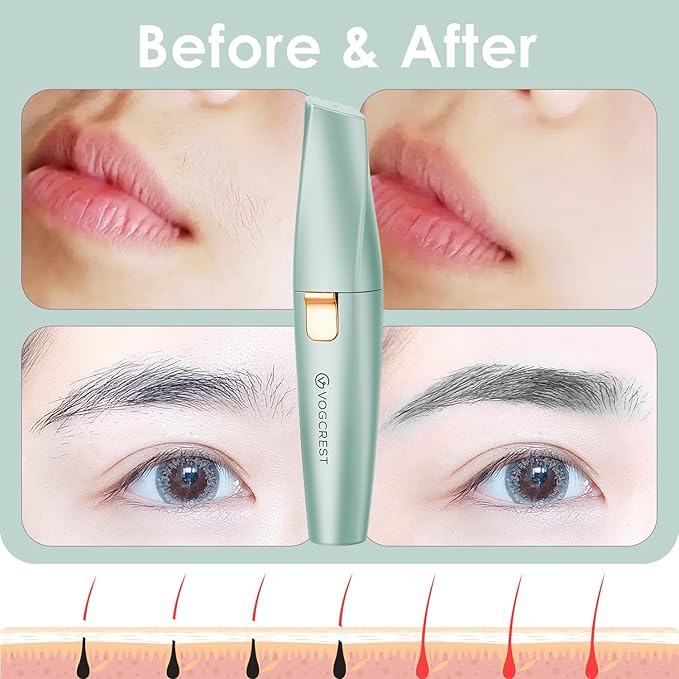 Eyebrow Facial Trimmer: 2 in1 Rechargeable Facial Hair Removal and Eyebrow Shaver - Face Lips Body Painless Facial Razor with Built-in LED Light (Pastel Green)