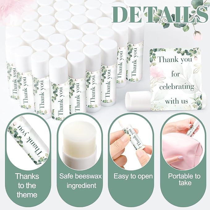 Demissle 40 Pcs Lip Balms with Jasmine Scent and Green Leaves - Moisturizing Gift for Wedding, Baby Shower, Gender Reveal Party