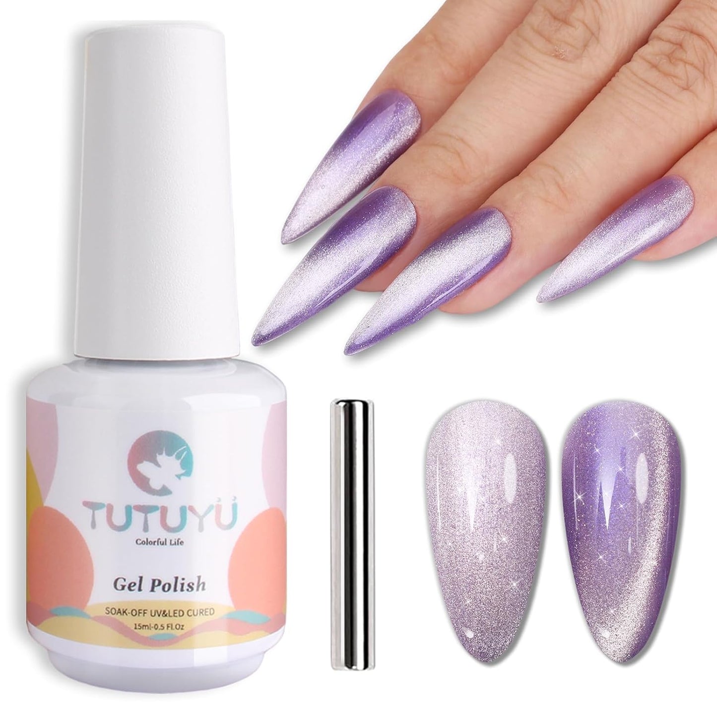 Bright Purple Cat Eye Gel Nail Polish,Crystal Galaxy Holographic Lavender Cateye Gel Polish with Magnet, Purple Gel Silver Shimmer Velvet Soak Off Uv Led Home Diy Manicure GP0100