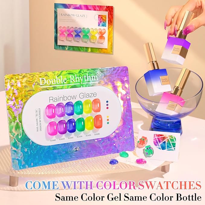 Double Rhythm 6 Pcs 15 ML Gel Polish Set Same Color Same Bottle Soak Off Jelly Neon Gel Polish Kit Nail Art Manicure Salon DIY at Home (Pink Purple Blue Green Yellow Green-T6-50)