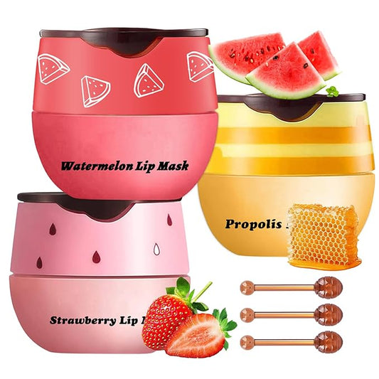 3 Pcs Honey Lip Balm, Bee Lip Balm Honey Pot,Moisturizing Lip Mask Overnight,Hydrate Repair Prevent Dry Cracked Lip Care (Honey+Strawberry+Watermelon)