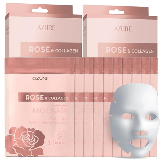 AZURE Rose & Collagen Hydrating Facial Sheet Mask - Toning, Lifting & Deeply Moisturizing - Reduces Fine Lines & Wrinkles, Reduces Signs of Aging & Dry Patches - Skin Care Made in Korea - 10 Pack