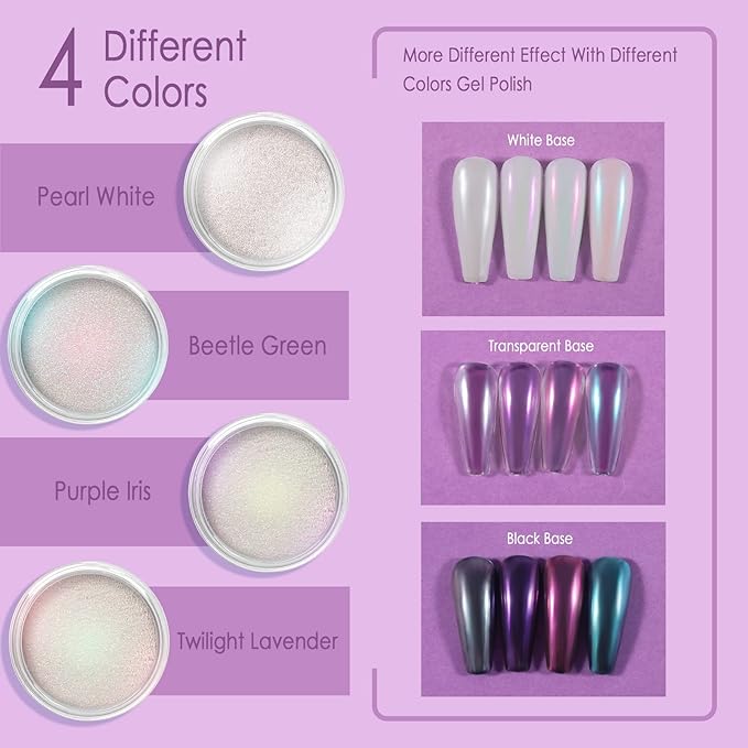 Allstarry Chrome Nail Powder 4 Colors Iridescent Aurora Powder Metallic Mirror Effect Pigment Pearlescent Mermaid Glitter Unicorn Glitter for Nail Art Manicure Decoration Home DIY Salon - Ice Series