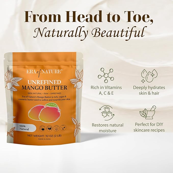 era of nature Organic Unrefined Raw Mango Body Butter Block 32oz - Moisturizing Mango Seed Raw Butter Bar for Skin & Hair, DIY Lip Balm Base, Cream, Soap & Lotion Making Supplies, Personal Skincare