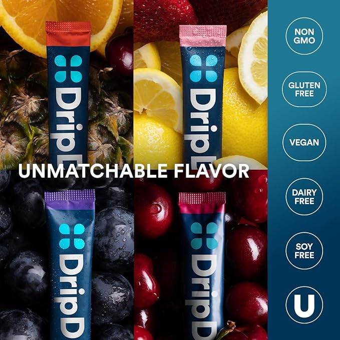 DripDrop Hydration Packets - Juicy Variety Pack - Single Serve Electrolytes Powder Drink Mix - Grape, Fruit Punch, Strawberry Lemonade, Cherry - Non-GMO, Gluten Free, Vegan - 16 Sticks