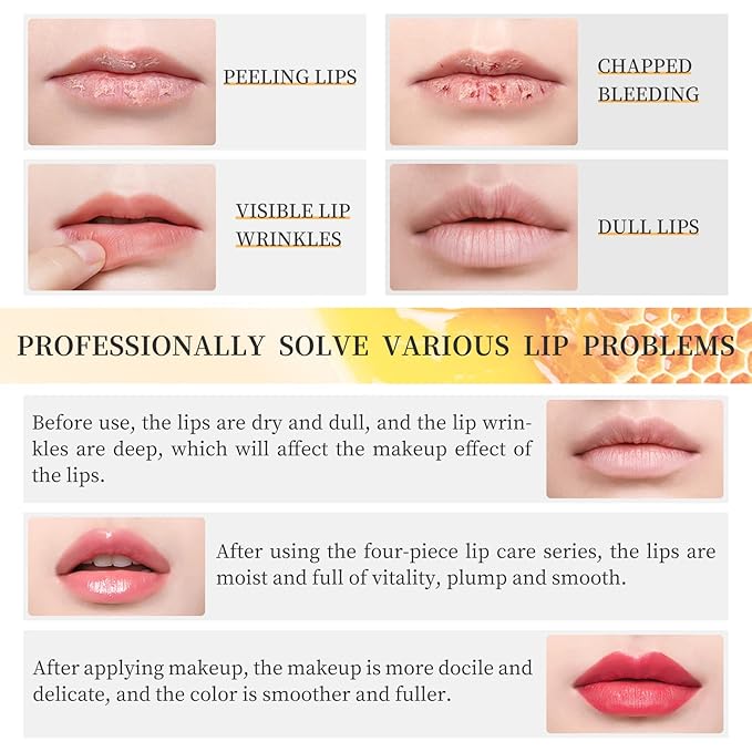 4 Piece Honey Milk Lip Mask Lip Balm Lip Scrub Lip Oil Lip Care Kit, Moisturizing & Nourishing Dry and Cracked Lips, Overnight Sleeping Lip Exfoliator Lip Moisturizer Lip Repair