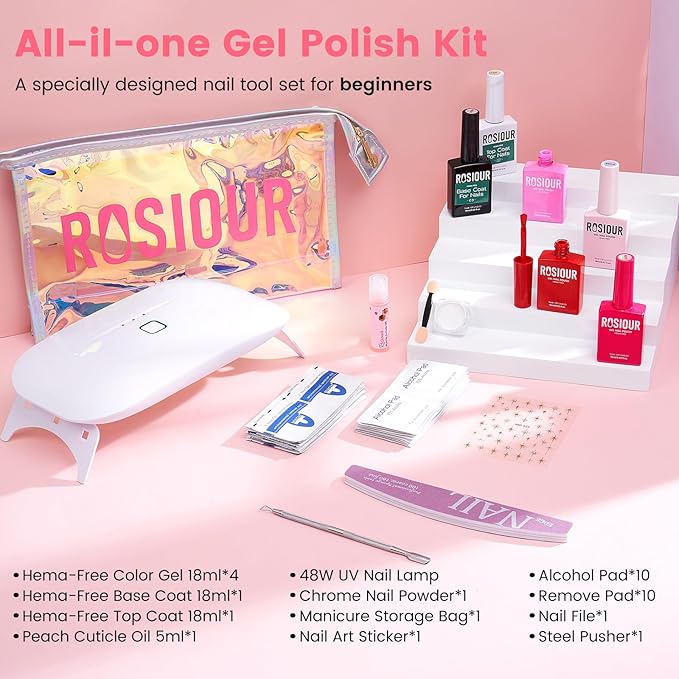 Gel Nail Polish Kit with U V Light, Hema-Free Bright Red Light Baby Pink Violet Pink Summer Gel Polish Set with Base & Top Coat Chrome Nail Powder, 4 Colors Mini Salon Nail Art Starter Gift for Women
