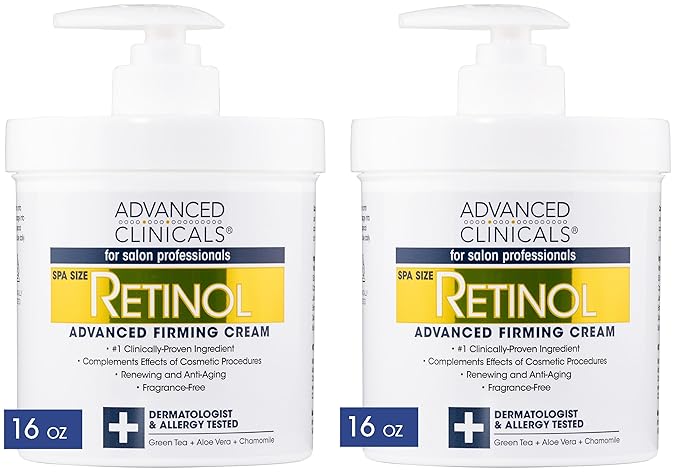 Advanced Clinicals Retinol Cream Face Moisturizer | Crepey Skin Care Treatment | Fragrance Free Body Lotion Targets Look Of Crepe Skin, Wrinkles, & Sagging Skin, 16 Oz (2-Pack)