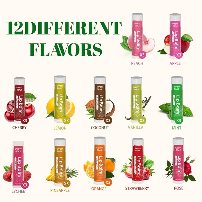 36 Pack Natural Lip Balm Bulk with Vitamin E and Coconut Oil - Moisturizing, Soothing, and Repairing Dry and Chapped Lips - 12 Flavors - Non-GMO