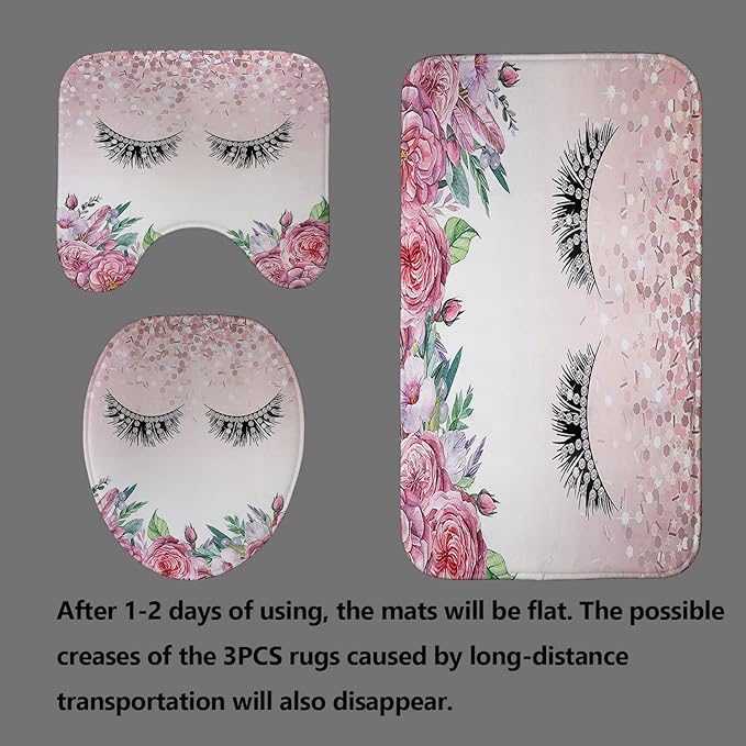 4PCS Diamond Eyelash Shower Curtain Set, Rustic Flower Botanical Bouquet Confetti Girly Makeup Fashion Bathroom Decor Waterproof Fabric Shower Curtain Non-Slip Bath Mat Toilet Rug, Pink Floral