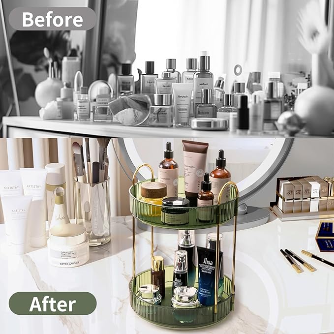 360 Rotating Makeup Organizer for Vanity,2 Tier Large Capacity Skincare Organizers,Bathroom Counter Organizer, Spinning Perfume Organizer & Vanity Organizer (Green-2 Tier)