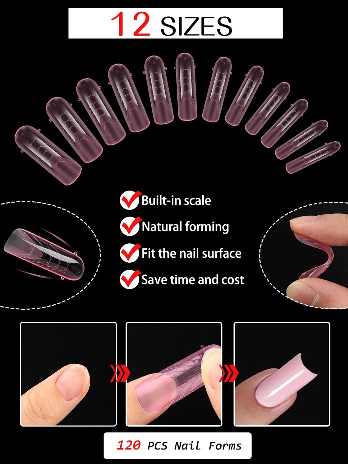 EBANKU Dual Nail Forms for Poly Extension Gel, 120 PCS Pink Nail Molds Reusable 12 Sizes Nail Extension Forms for Builder Gel Manicure Design Salon DIY