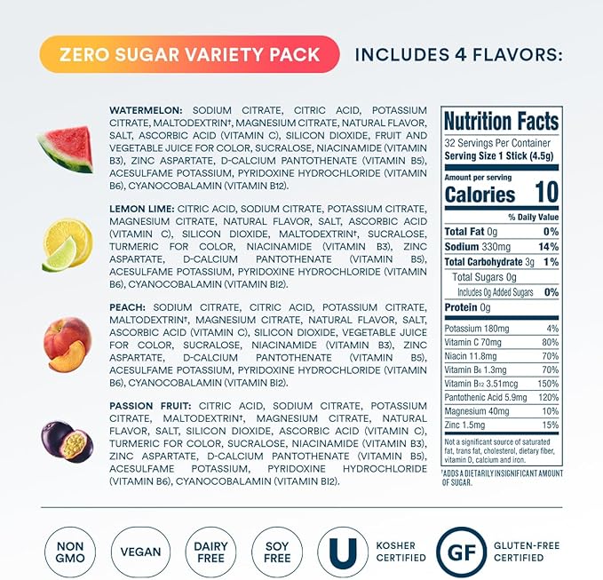 DripDrop Sugar Free Hydration Packets - Zero Classic Variety Pack - Single Serve Electrolytes Powder Drink Mix - Lemon Lime, Watermelon, Peach, Passion Fruit - Non-GMO, Gluten Free, Vegan - 32 Sticks