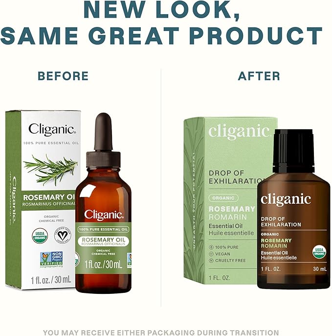 Cliganic Organic Rosemary Essential Oil, 1oz - 100% Pure Natural Undiluted, for Aromatherapy | Non-GMO Verified (Packaging May Vary)