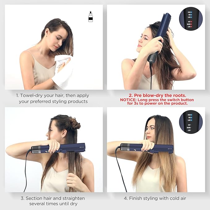 IG INGLAM Air Straightener, Style From Wet Hair, 2.2" Dryer Straightener, 200M Negative Ionic, One-Step Air Straight for Medium and Long Hair (14"-30"), Prussian Blue