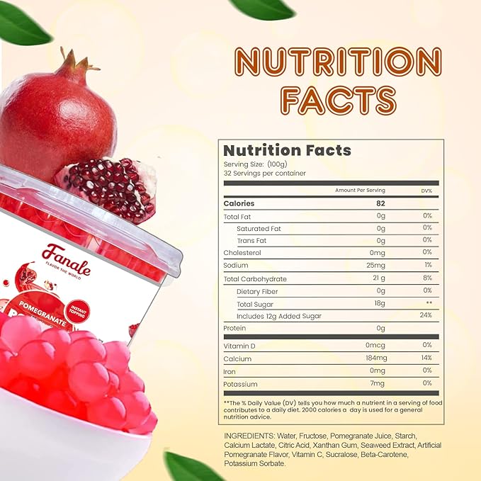 Fanale Pomegranate Popping Boba Pearls, Vegan, Non GMO, Gluten Free, Fat Free, Perfect for Bubble Tea, Smoothies, Ice Cream, Desserts, and Beverages.