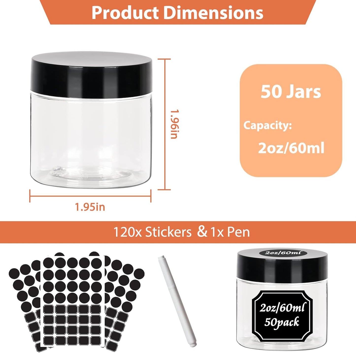 50pcs 2 oz Clear Plastic Round Jars with Black Lids, 2oz 60ml Leak-Proof Wide-Mouth Cosmetic Storage Containers for Kitchen Use, Beauty Products, Cream, Scrubs, Bath Salt and More