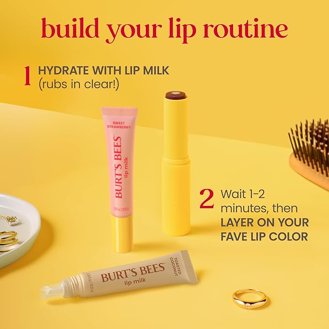 Burt’s Bees Lip Milk, Daily Lip Moisturizer, Sweet Strawberry, Vitamin Enriched Moisturizing Lip Balm with Almond Milk and Jojoba Oil, Hydrating for Softer Lips, 1 Tube, 0.34 Fl Oz