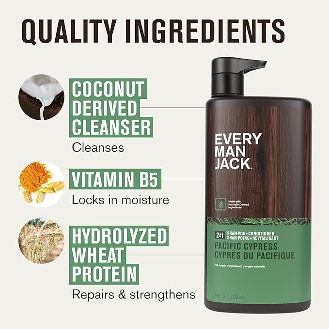 Every Man Jack 2-in-1 Daily Shampoo + Conditioner - Pacific Cypress | Nourishing For All Hair Types, Naturally Derived, Cruelty-Free Shampoo and Conditioner Set for Men | 24oz -1 Bottle