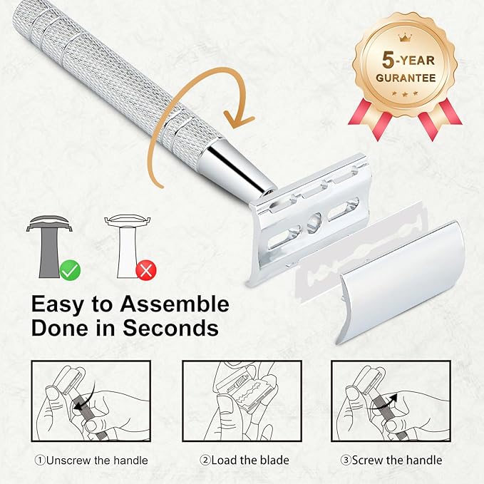 Double Edge Safety Razor with Stand, Single Blade Razors for Men and Women, Metal 1 Blade Razor, with 10 Platinum Coated Stainless Steel Double Edge Blades, Smooth and Close Shave, Silver