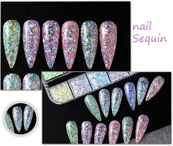 12 Colors Mermaid nail art glitter sequins Iridescent Ice Slag nail glitter flakes Ultra Thin Nail Art Designs 3D holographic nail sequins for Nail Art Supplies Manicure Decoration Accessories