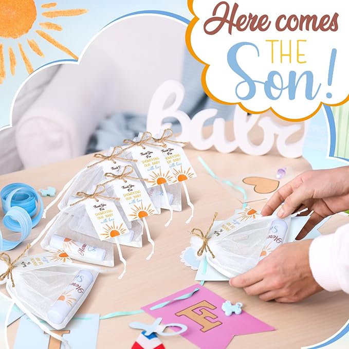 Dunzy 50 Pack Here Comes the Son Baby Shower Party Gifts Lip Balms Favors Bulk for Guests Boys Girls Gender Reveal Favors Baby Shower Game Prizes Souvenirs Goodie Bags Stuffers Thank You Gifts