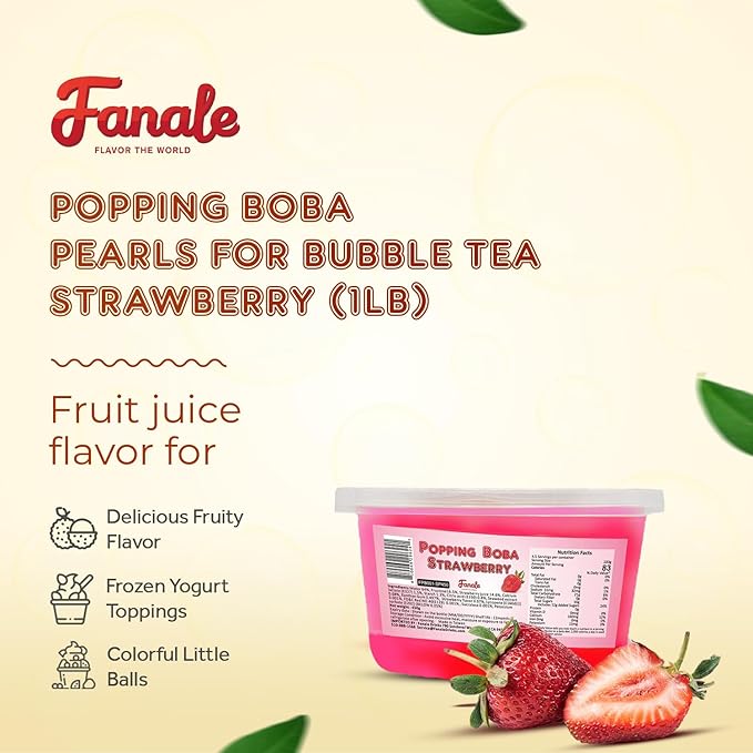 Fanale Strawberry Popping Boba Pearls, Vegan, Non GMO, Gluten Free, Fat Free, Perfect for Bubble Tea, Smoothies, Ice Cream, Desserts, and Beverages.