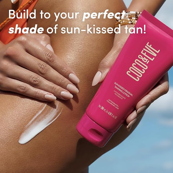 Coco & Eve Sun-kissed Gradual Tanning Lotion - Natural Sunless Moisturizing Tanner with 72H Hydration & Streak-Free, Buildable Glow. Skincare-Infused with Antioxidants and Hyaluronic Acid (6.76 fl oz)
