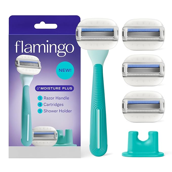 Flamingo Moisture Plus Women's Razor Set - Razor Handle, 4 Blade Refills, Shower Holder - Seafoam