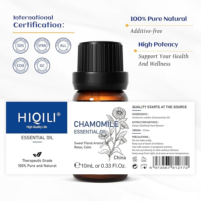 HIQILI 0.33 Fl Oz Chamomile Essential Oil, Air Purifying, Relaxing, Skin Care, Can be Added to Fresheners, Foot Baths, Body Lotions Use - 10ml