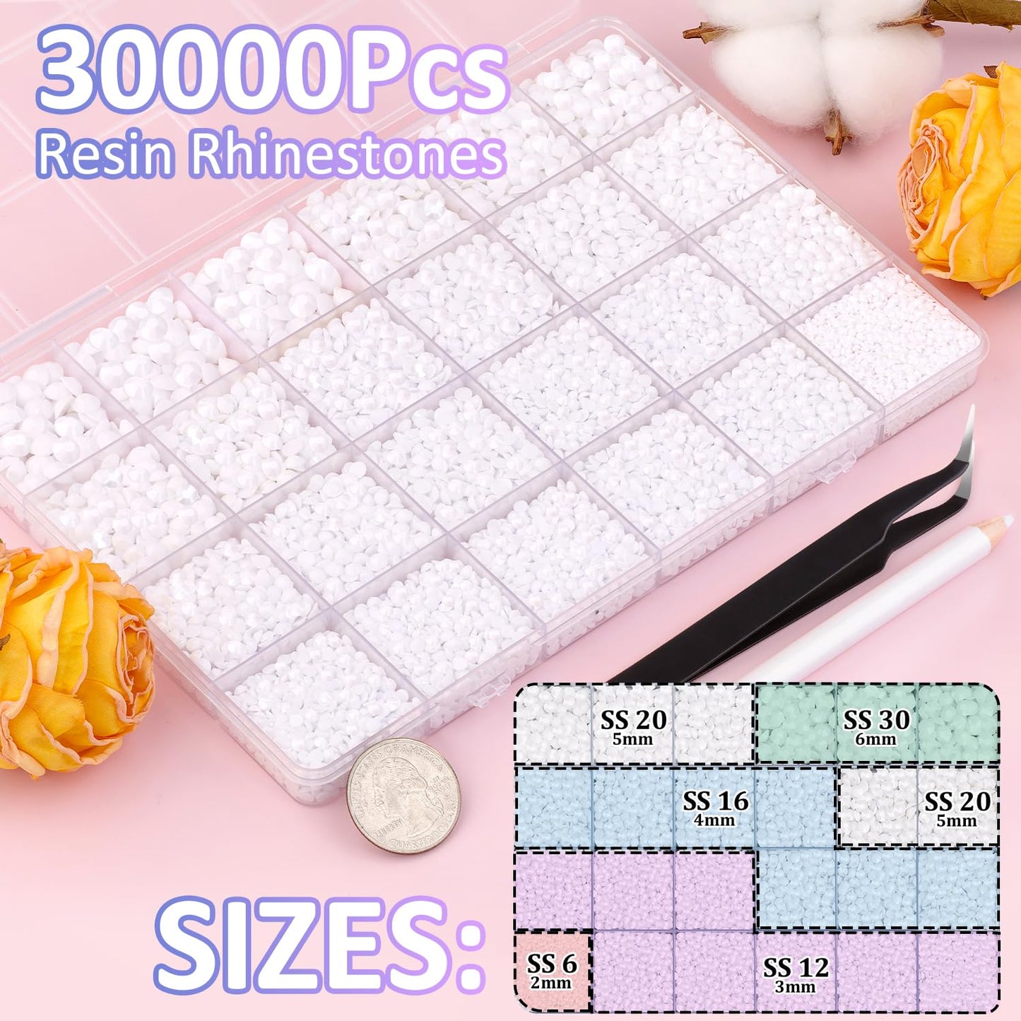 30000Pcs White Rhinestones for Bedazzling with B7000 Jewelry Glue, Bedazzler Kit Flatback Gems, Resin Rhinestones for Crafting Crafts Clothing Shoes Fabric Nail Art Assorted Size 2/3/4/5/6mm