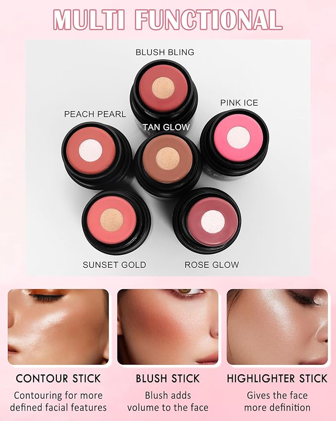 Cream Blush Stick Makeup for Cheeks, Multi Blush & Highlighter Contour Stick, Long Lasting Waterproof Pink Creme Blush Bronzer Stick, Lightweight Matte and Dewy Finish,Face Shaping Makeup for Women-06