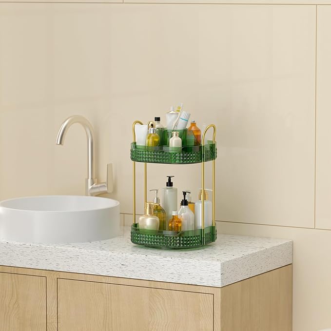 360° Rotating Makeup Organizer 2 Tier, Large Skincare Clear Make Up Storage Spinning Perfume Organizers for Bathroom Counter Dresser, Green