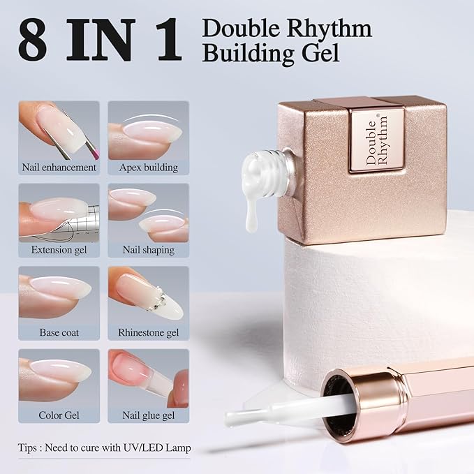 Double Rhythm Milky White Rubber Gel Nail Polish 15ml Nail Strengthener in a Bottle Nail Extension Hard Gel Soak Off Long Lasting UV Gel (Jelly White 8 in 1-2)