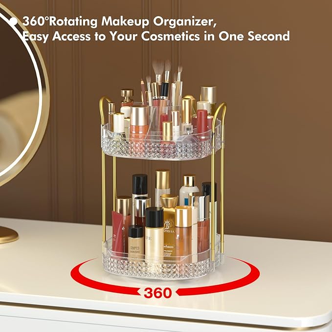 Awenia Rotating Makeup Organizer 360, Stackable Adjustable Large Capacity Cosmetic Storage Unit,Dresser Bathroom Kitchen Countertop Organizer with Metal Handle, Plus Size (Clear, 2 Tier)