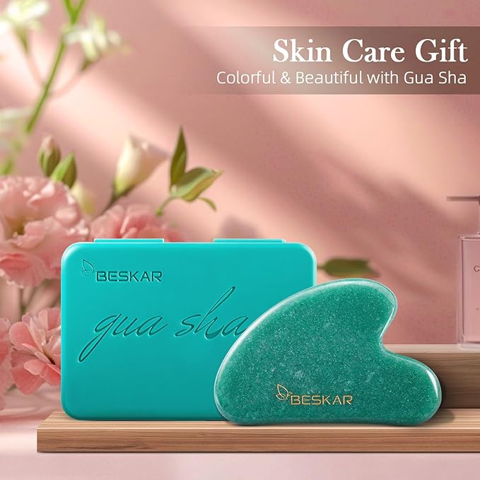 BESKAR Gua Sha Facial Tools, Natural Jade Stone Guasha Massager for Jawline Sculpting, Tighten Face Skin and Reduce Wrinkles, Face Eyes Body Neck Massage Tool, Skin Care Gift